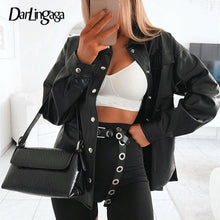 Load image into Gallery viewer, Darlingaga Streetwear Black PU Leather Blouse Women Cardigan Buttons Fashion Women's Shirt Top Long Sleeve Solid Leather Blouses
