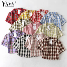Load image into Gallery viewer, Summer blouse women vintage crop shirt streetwear plaid ladies tops elegant button up shirt korean crop top red 2020

